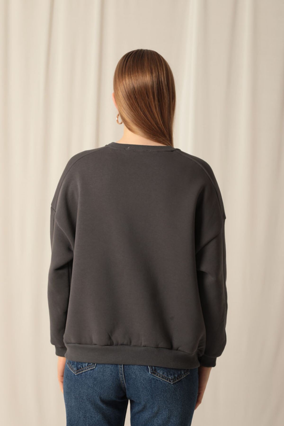 Üç İplik Sıfır Yaka Çimalı Kadın Antrasit Sweat