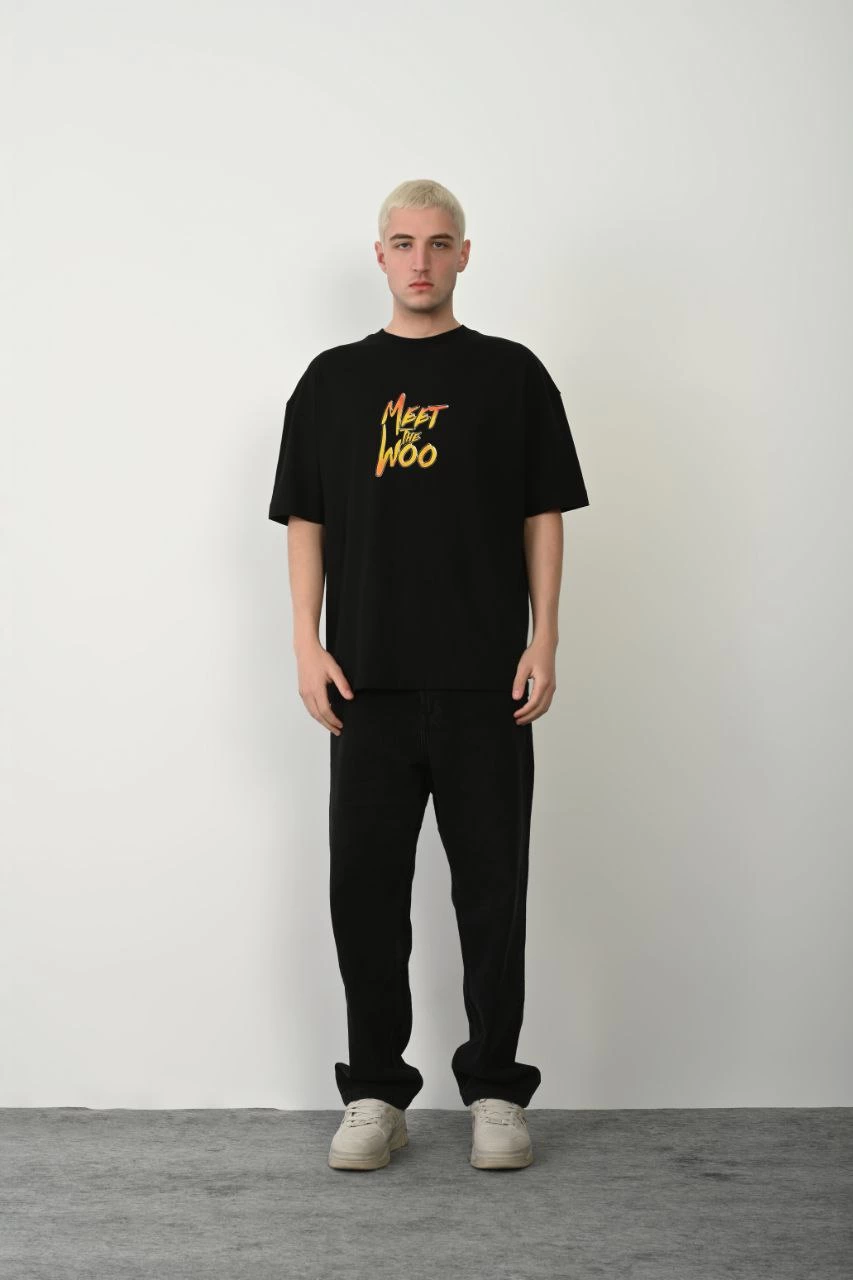 Erkek Baskıkı Kısa kok Bisiklet Yaka T-Shirt - Siyah
