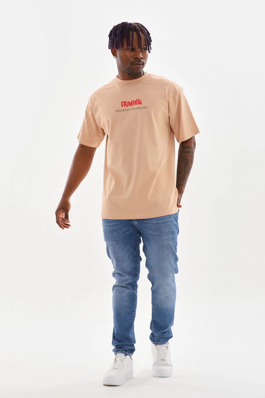 Erkek Baskılı T-Shirt Kısa Kol Bisiklet Yaka Rahat Kalıp Tişört - Bej