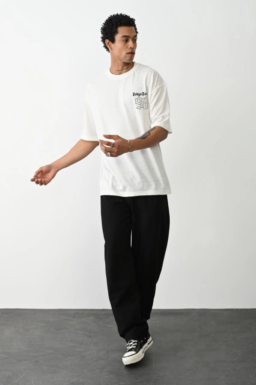 Erkek Baskılı Oversize Kısa kol T-Shirt - Beyaz