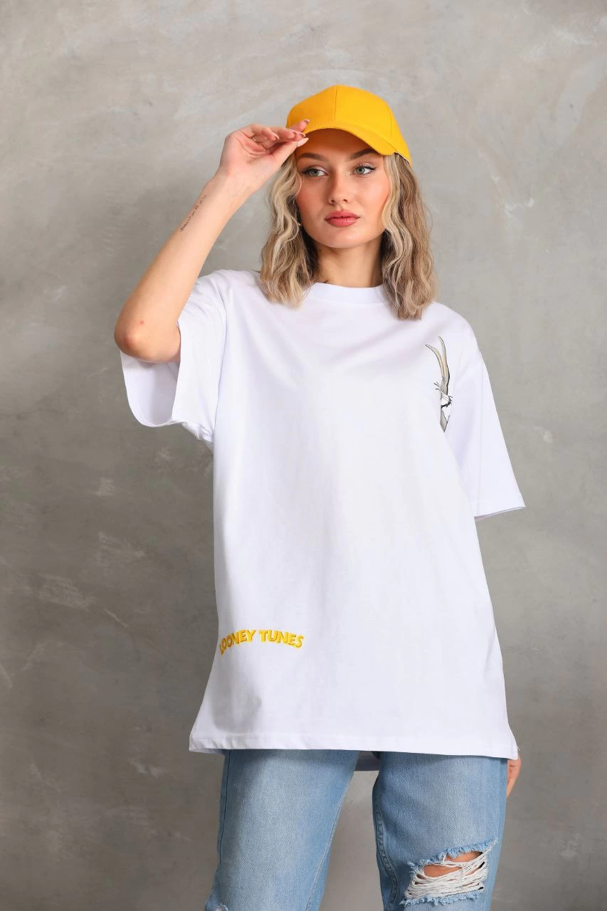 Kadın Baskılı Oversize Kısa kol T-Shirt - Beyaz