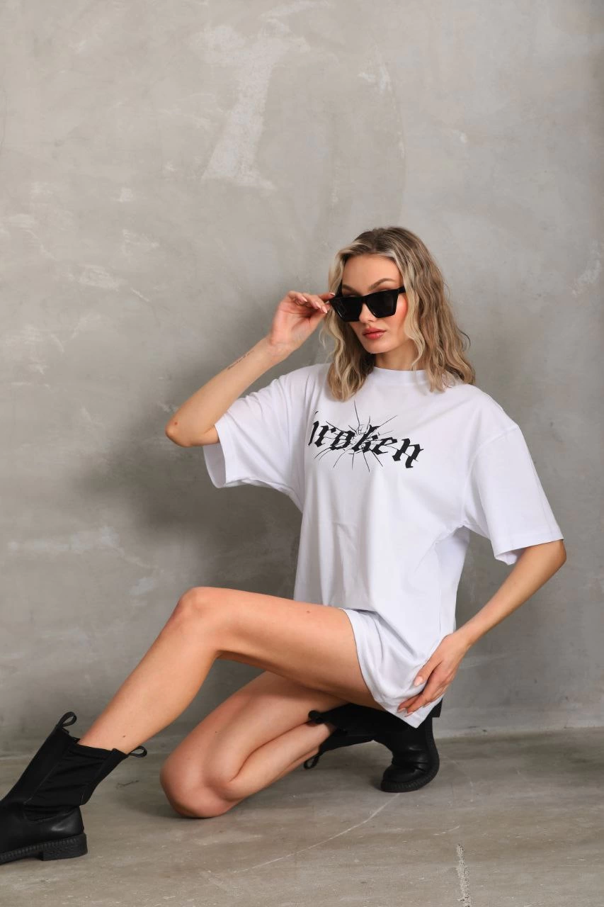 Kadın Baskılı Oversize Kısa kol T-Shirt - Beyaz
