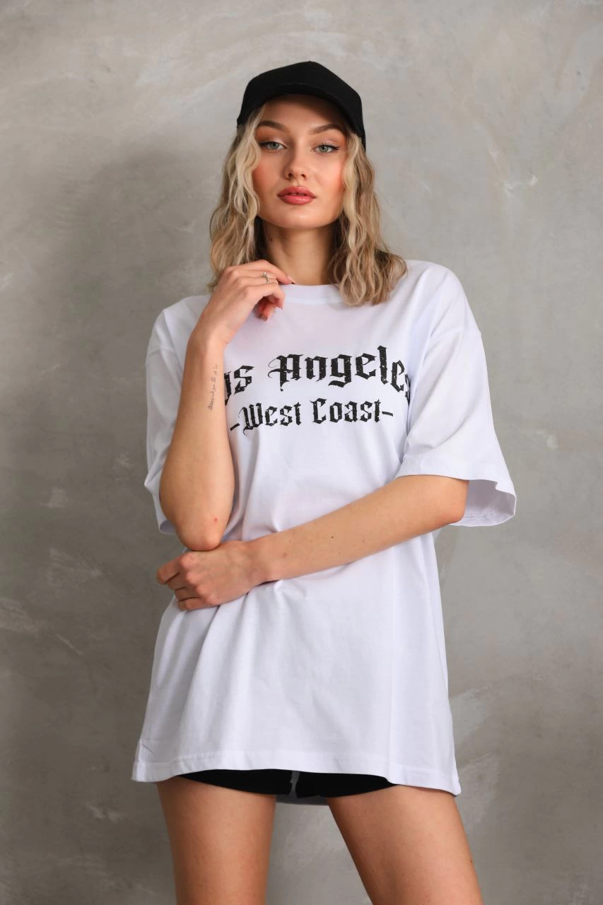 Kadın Baskılı Tişort Kısa Kol Bisiklet Yaka Ovarsize T-Shirt - Beyaz