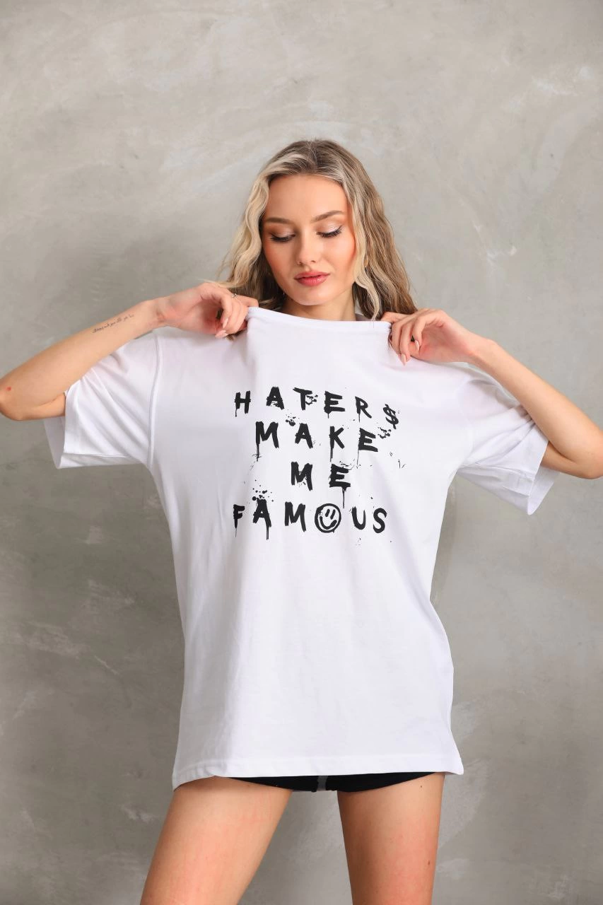 Kadın ön ve arka Baskılı Oversize Kısa kol T-Shirt - Beyaz