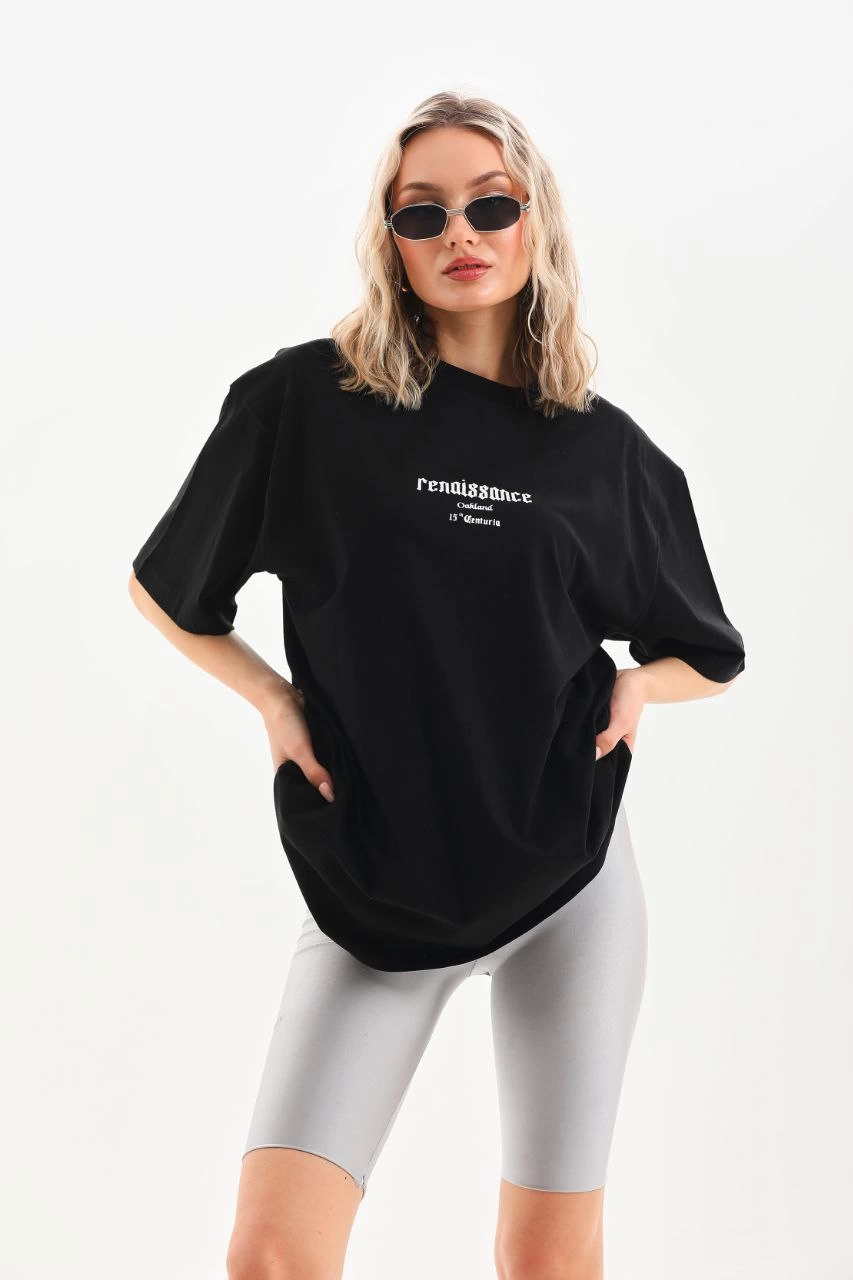 Kadın Baskılı Oversize Kısa kol T-Shirt - Siyah