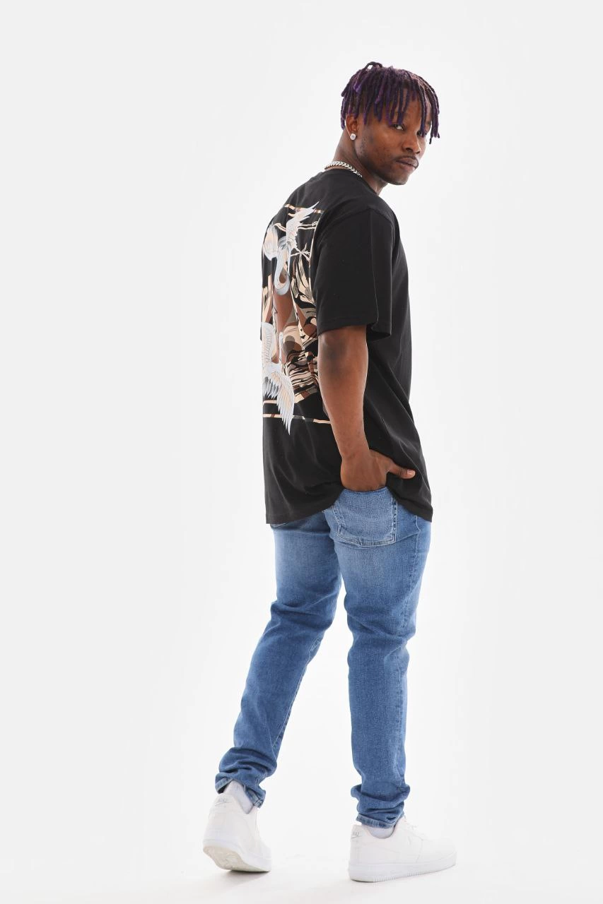Erkek Baskılı T-Shirt Kısa Kol Bisiklet Yaka Rahat Kalıp Tişört - Siyah