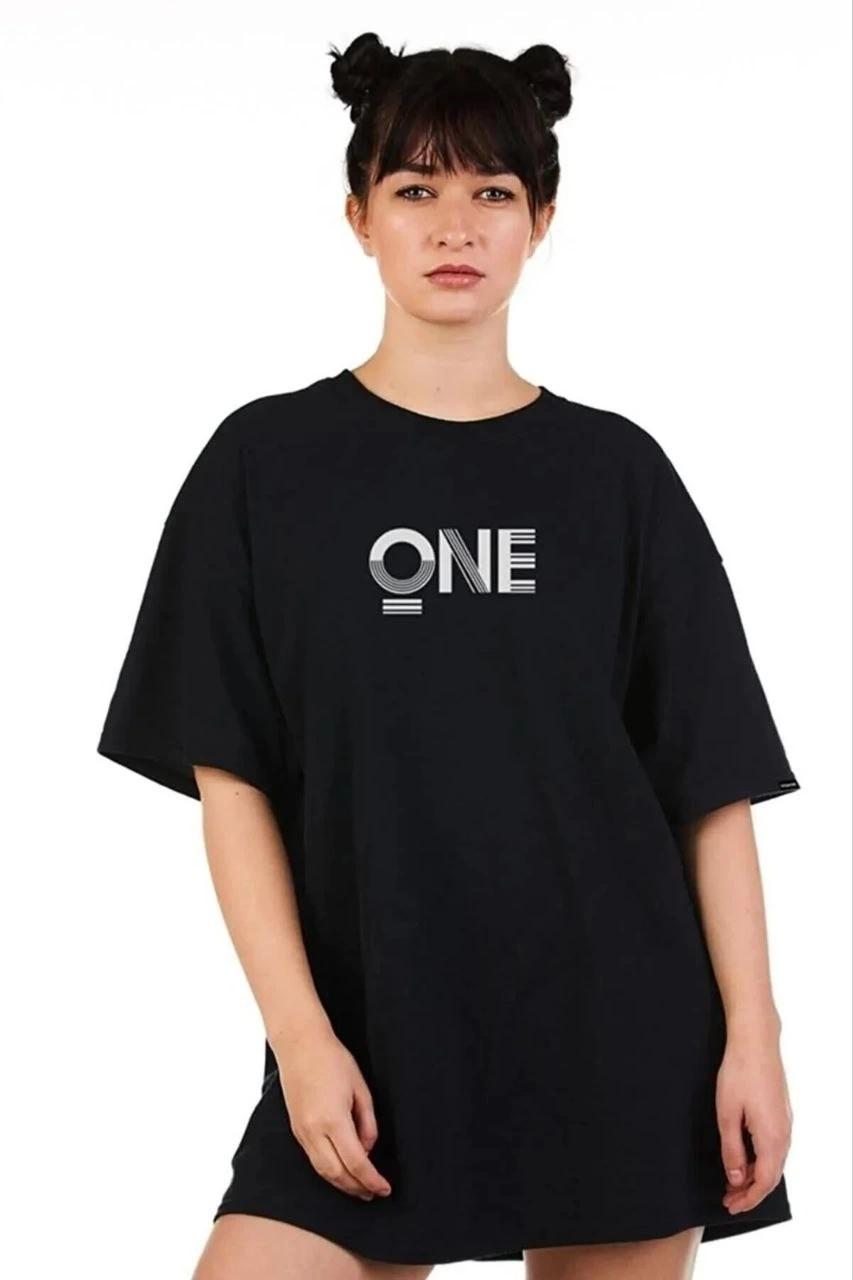 Kadın Baskılı T-Shirt Kısa Kol Bisiklet Yaka Ovarsize Rahat Kalıp Tişört - Siyah
