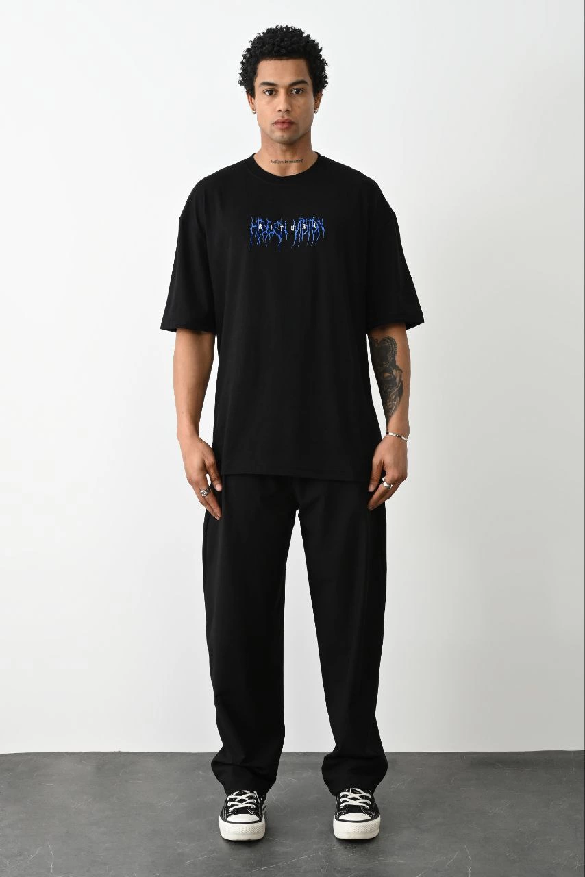 Erkek Baskılı Oversize Kısa kol T-Shirt - Siyah