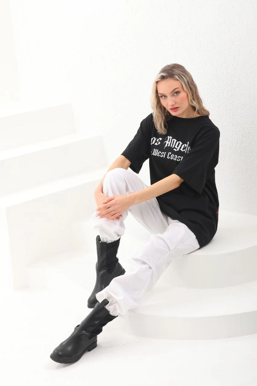 Kadın Baskılı Tişort Kısa Kol Bisiklet Yaka Ovarsize T-Shirt - Siyah