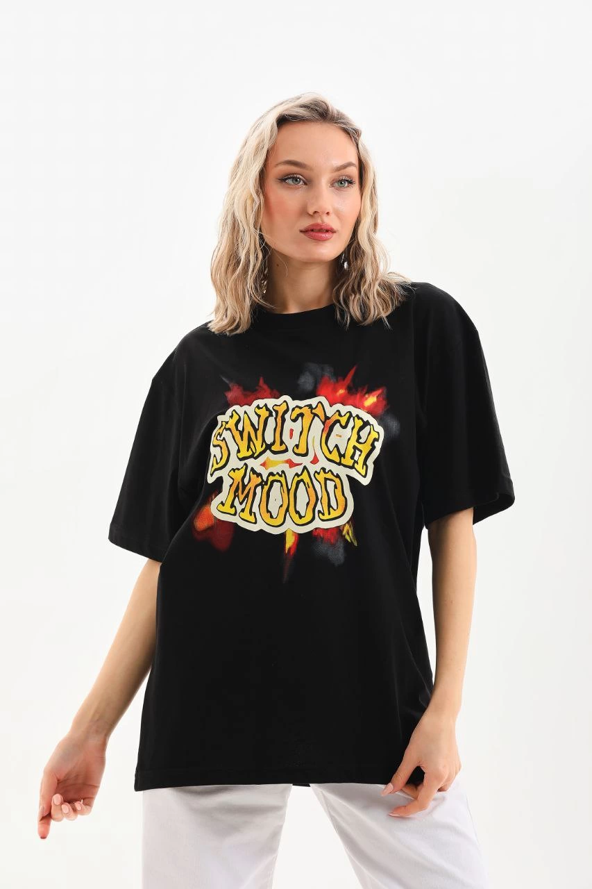 Kadın Baskılı Oversize Kısa kol T-Shirt - Siyah