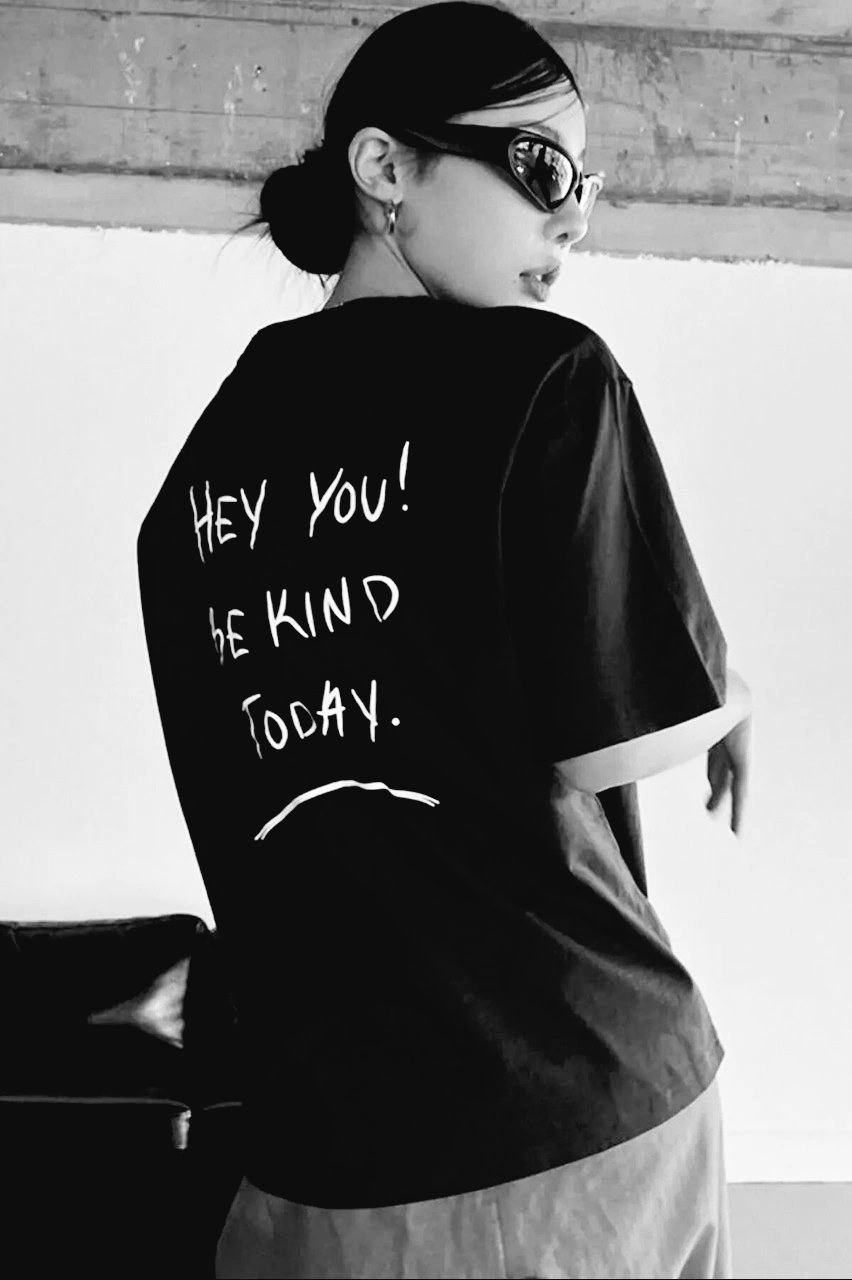 Kadın Baskılı T-Shirt Kısa Kol Bisiklet Yaka Ovarsize Rahat Kalıp Tişört T-Shirt - Siyah