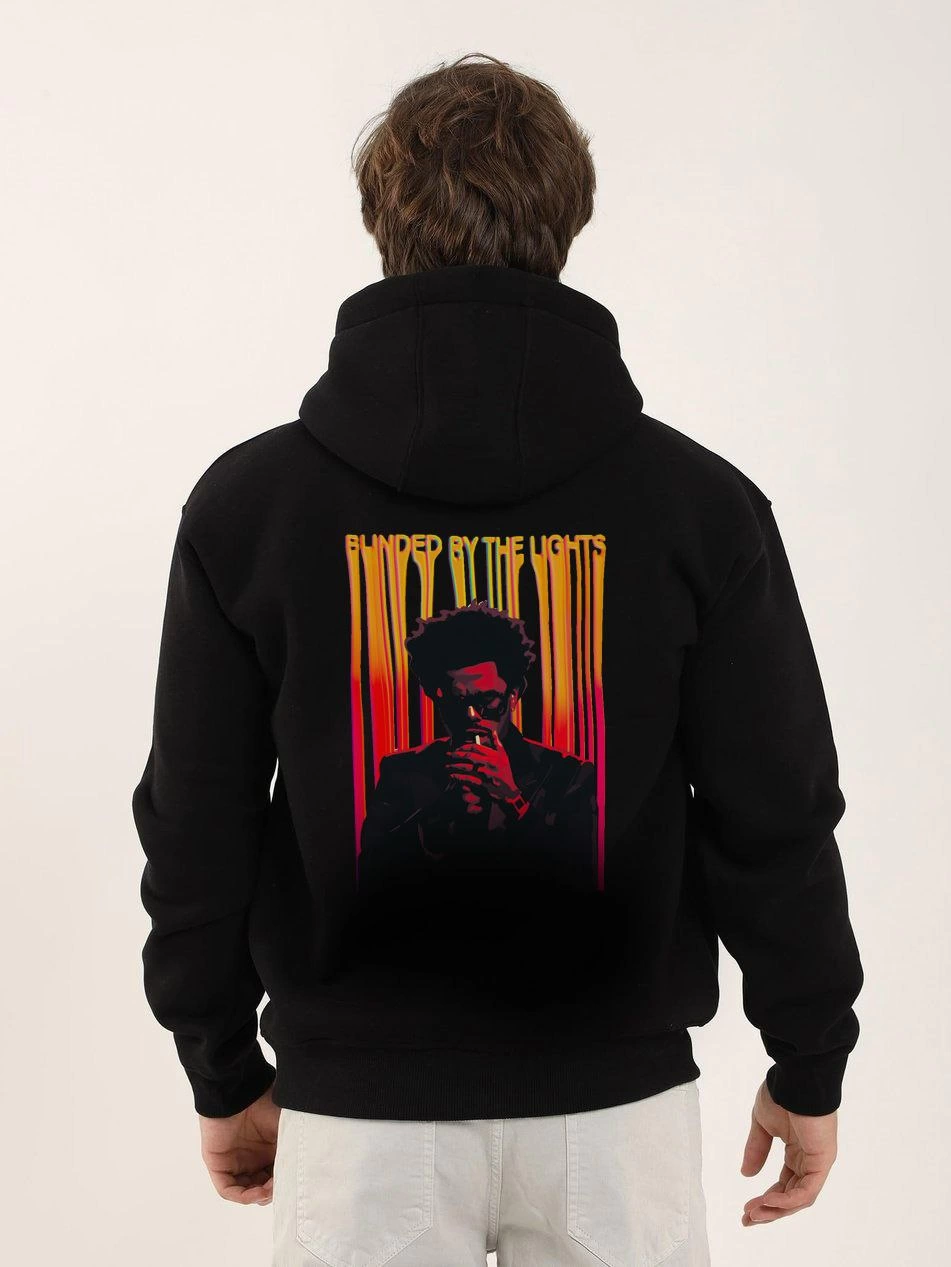 ERKEK Baskılı Oversize Üç İplik Kapüşonlu Sweatshirt - Siyah