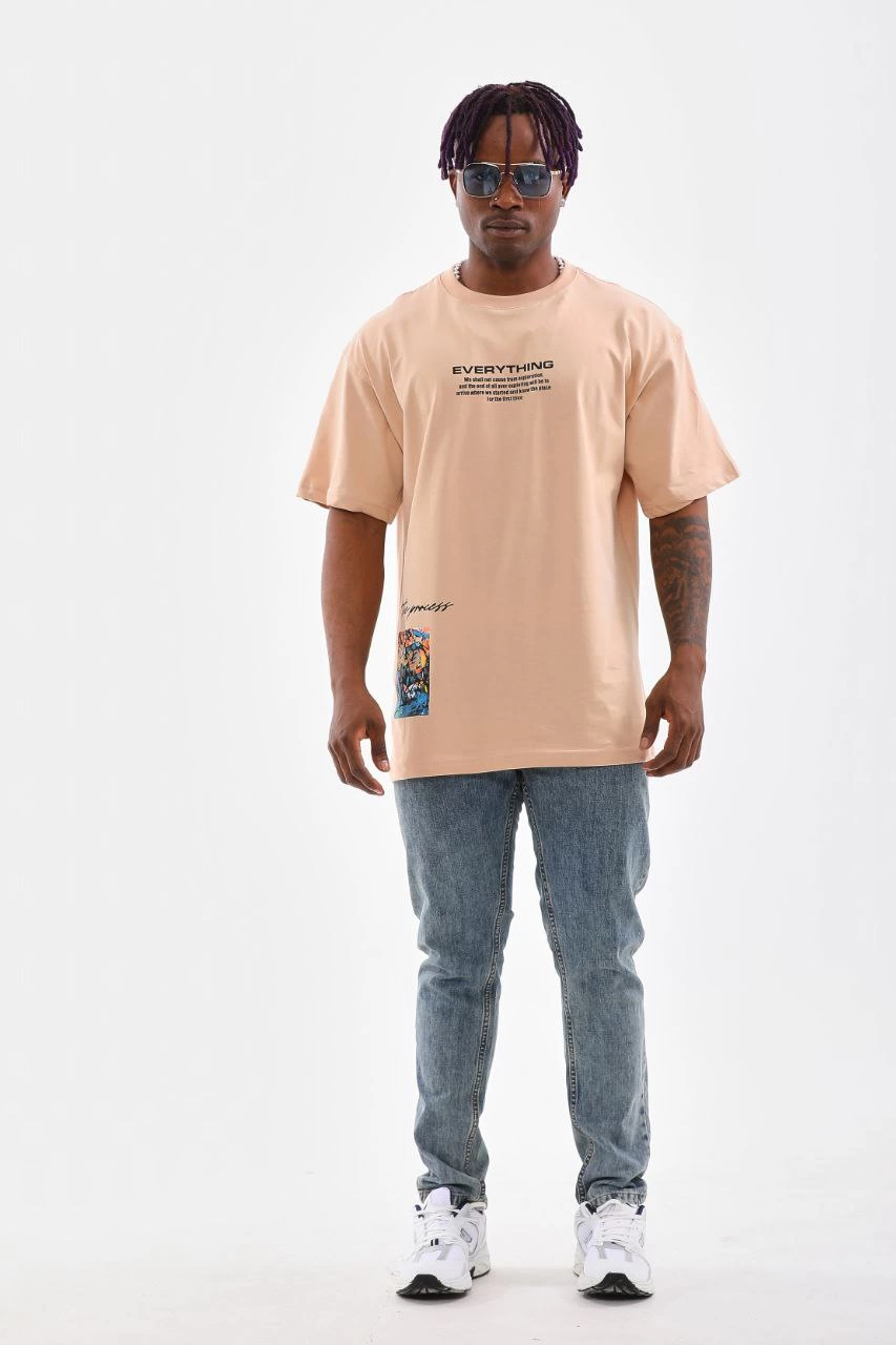 Erkek Bisiklet Yaka Baskılı Oversize T-Shirt - Bej