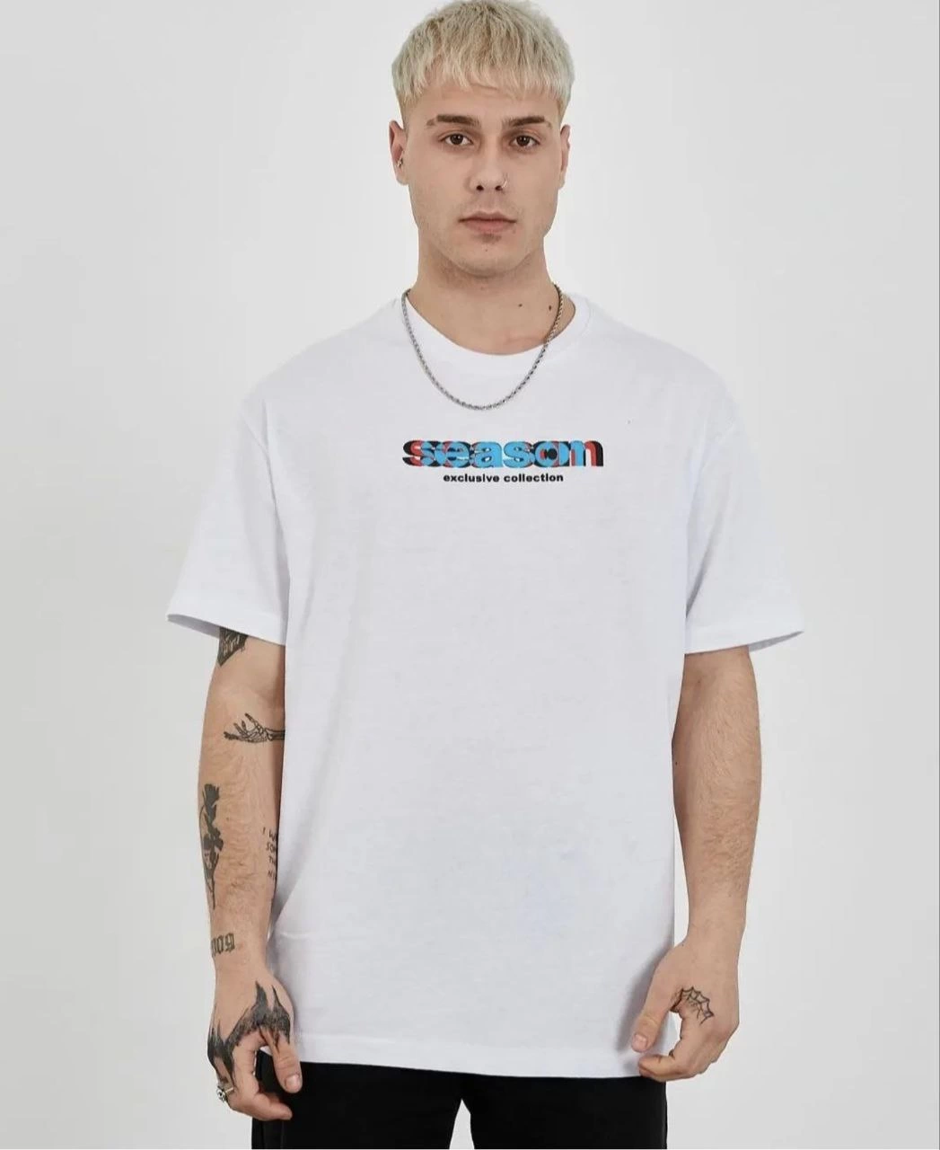 Erkek Bisiklet Yaka Baskılı Kısa kol Oversize T-Shirt - Beyaz