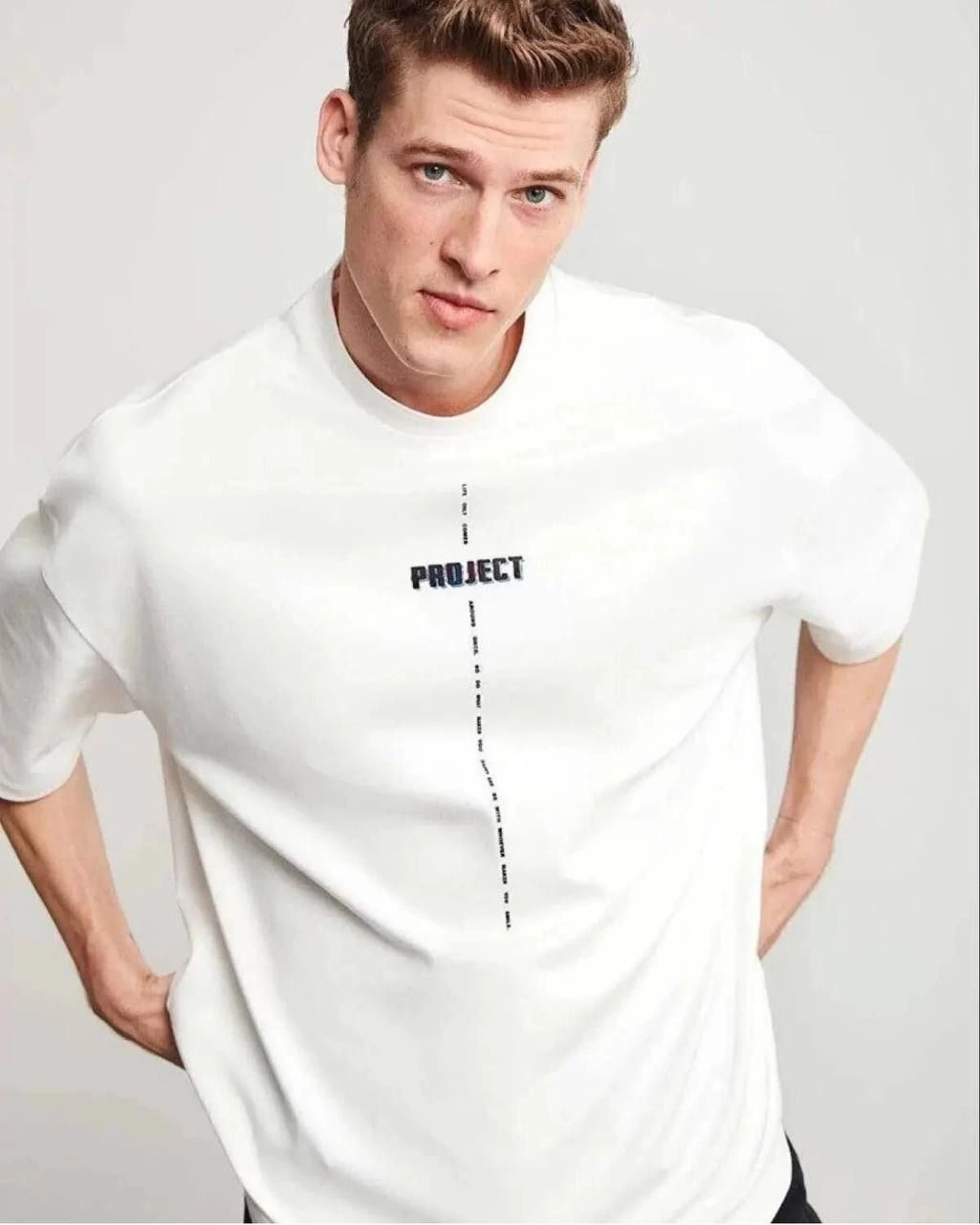 ERKEK Bisiklet Yaka Baskılı Oversize T-Shirt - Beyaz