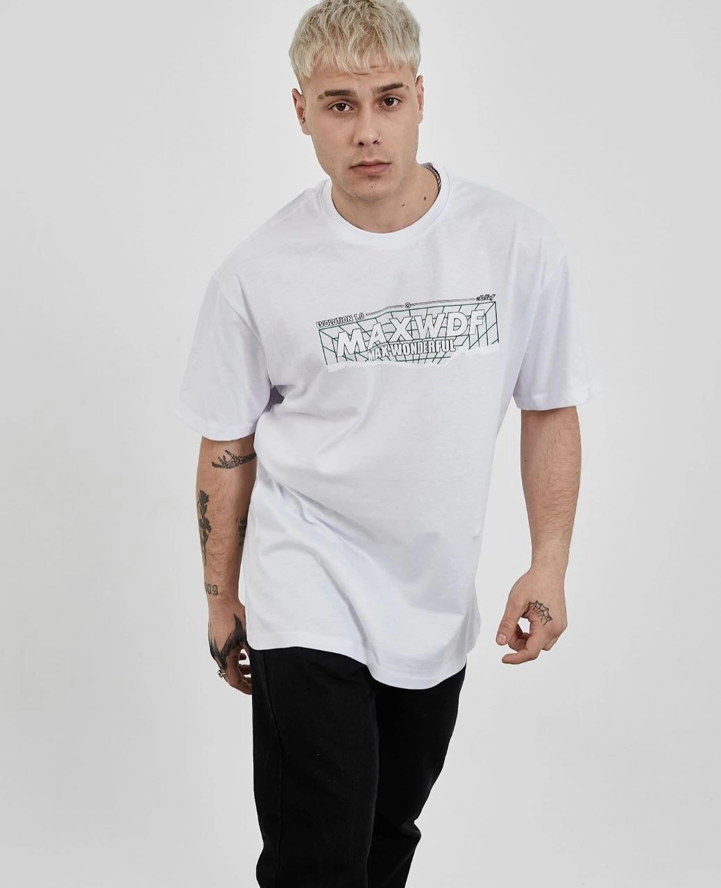 Erkek Bisiklet Yaka Baskılı Oversize Kısa kol T-Shirt - Beyaz