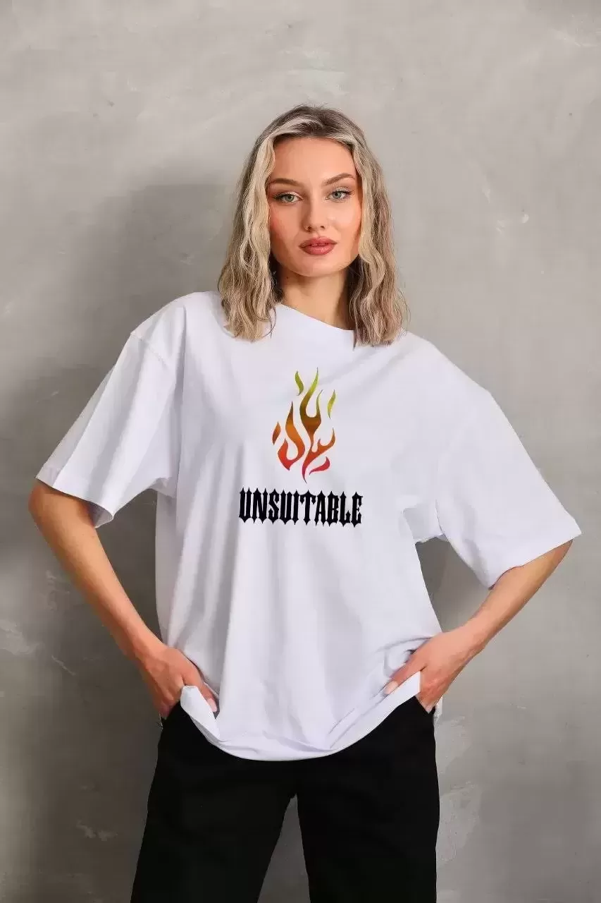 Kadın Baskılı T-Shirt Kısa Kol Bisiklet Yaka Oversize Rahat Kalıp Günlük Tişört - Beyaz