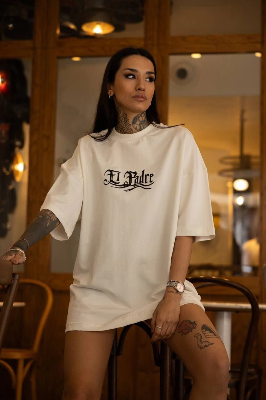 kadın Bisiklet Yaka Baskılı Kısa kol Oversize T-Shirt - Beyaz