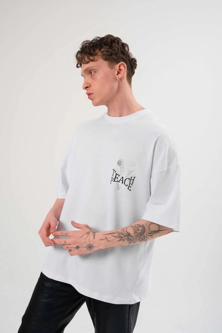 Erkek Bisiklet Yaka Baskılı Oversize Kısa kol T-Shirt - Beyaz