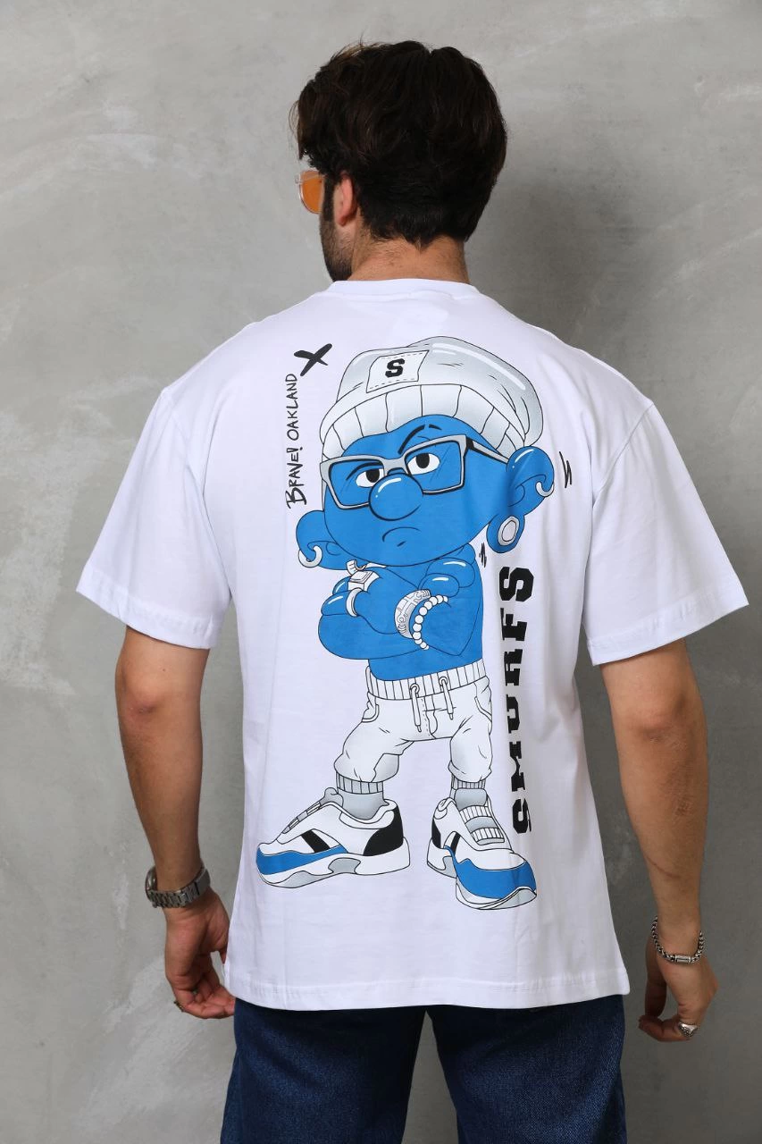 Erkek Bisiklet Yaka Baskılı Oversize T-Shirt - Beyaz