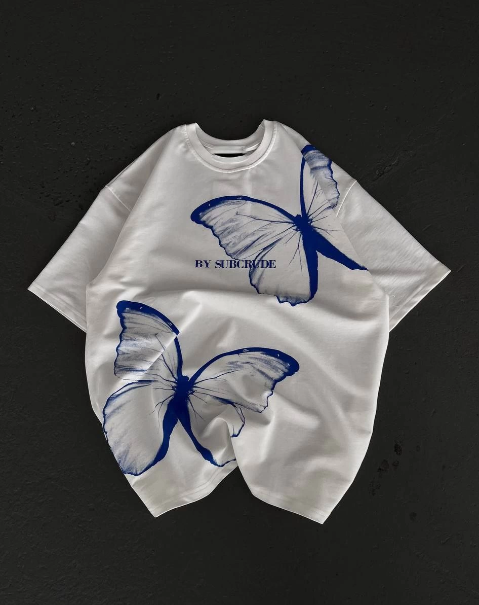 kadın Bisiklet Yaka Baskılı Oversize T-Shirt - Beyaz