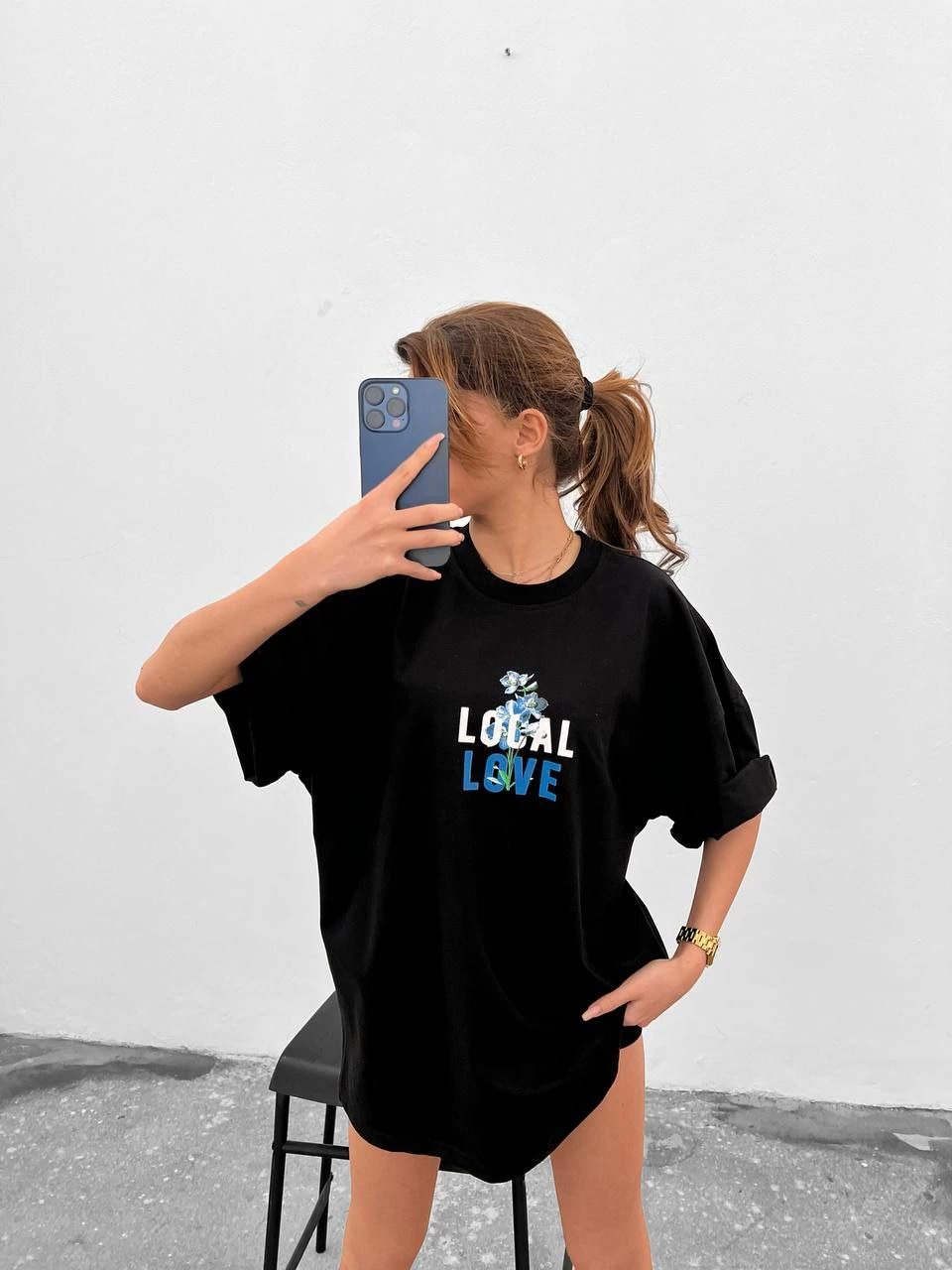 kadın Bisiklet Yaka Baskılı Kısa kol Oversize T-Shirt - Siyah