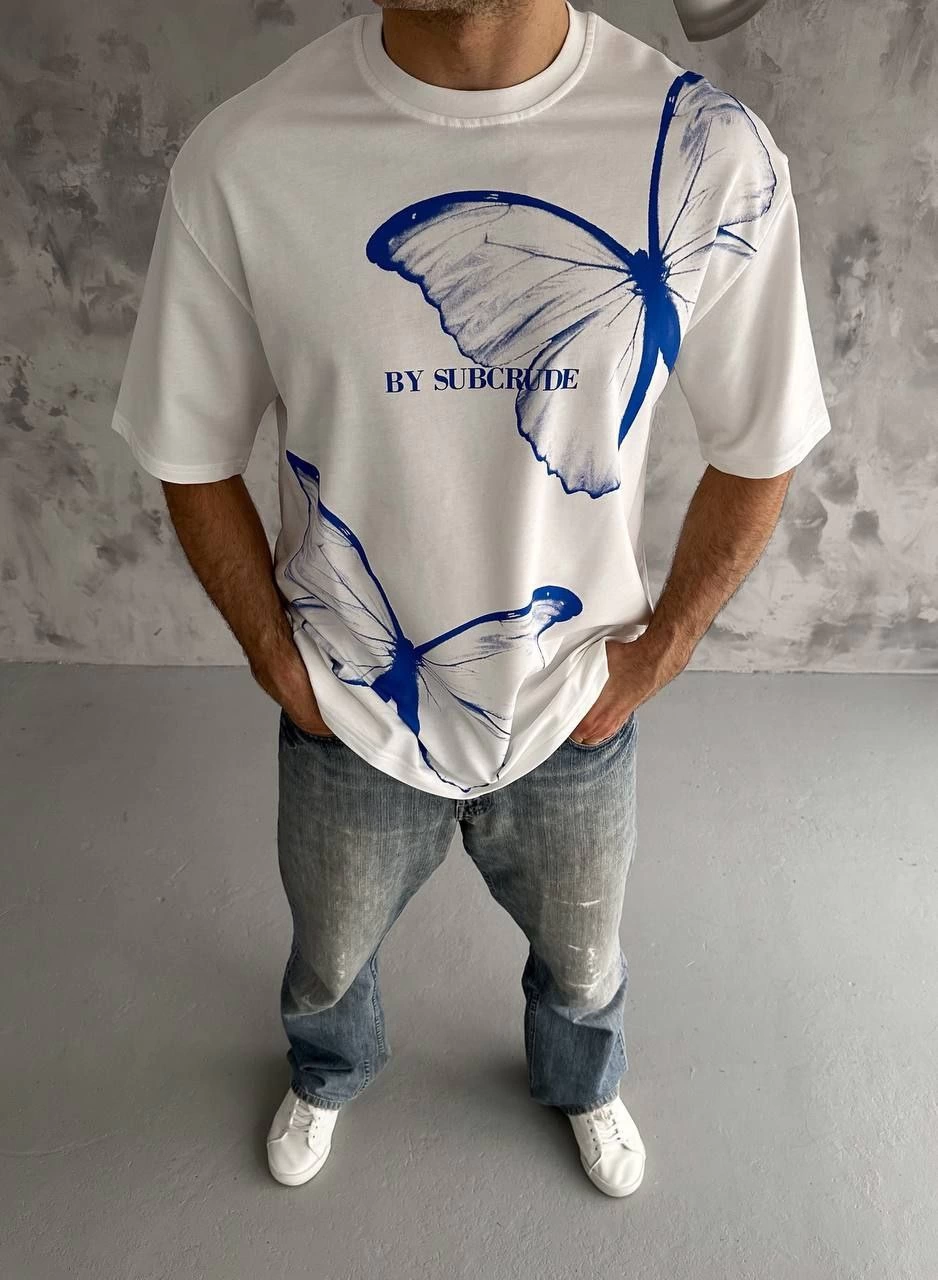 Erkek Bisiklet Yaka Baskılı Oversize T-Shirt - Beyaz