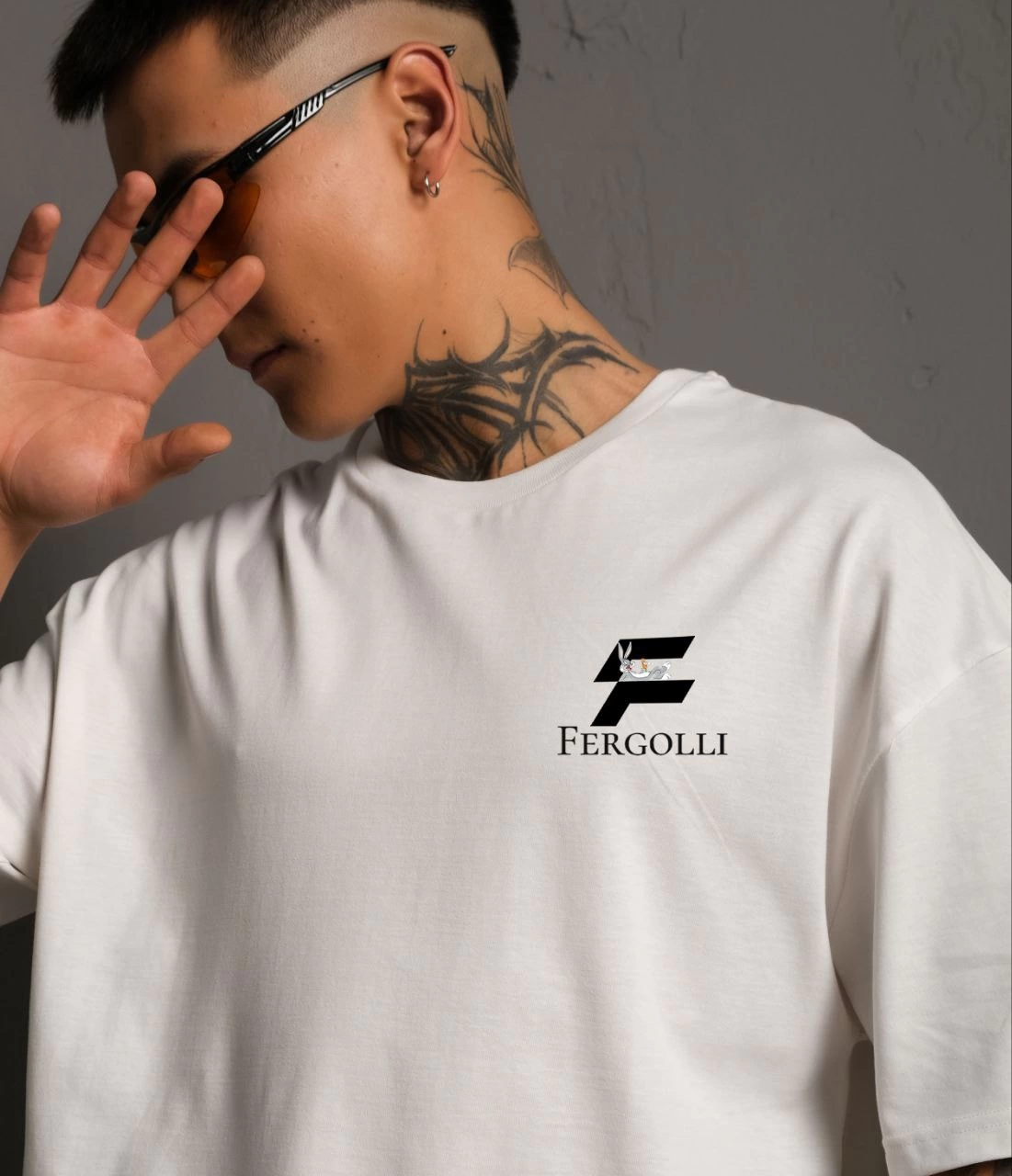 Erkek Bisiklet Yaka Baskılı Oversize T-Shirt - Beyaz