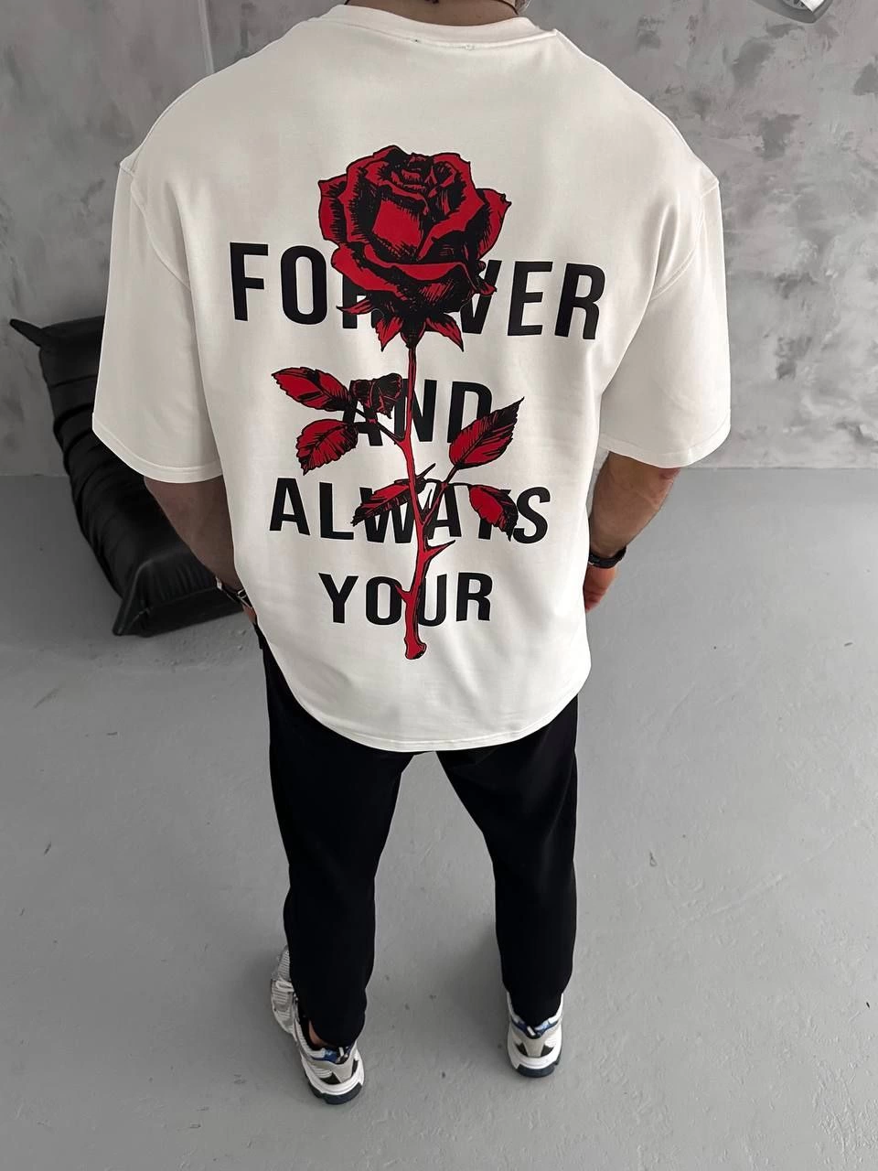 ERKEK Bisiklet Yaka Baskılı Oversize Kısa kol T-Shirt - Beyaz