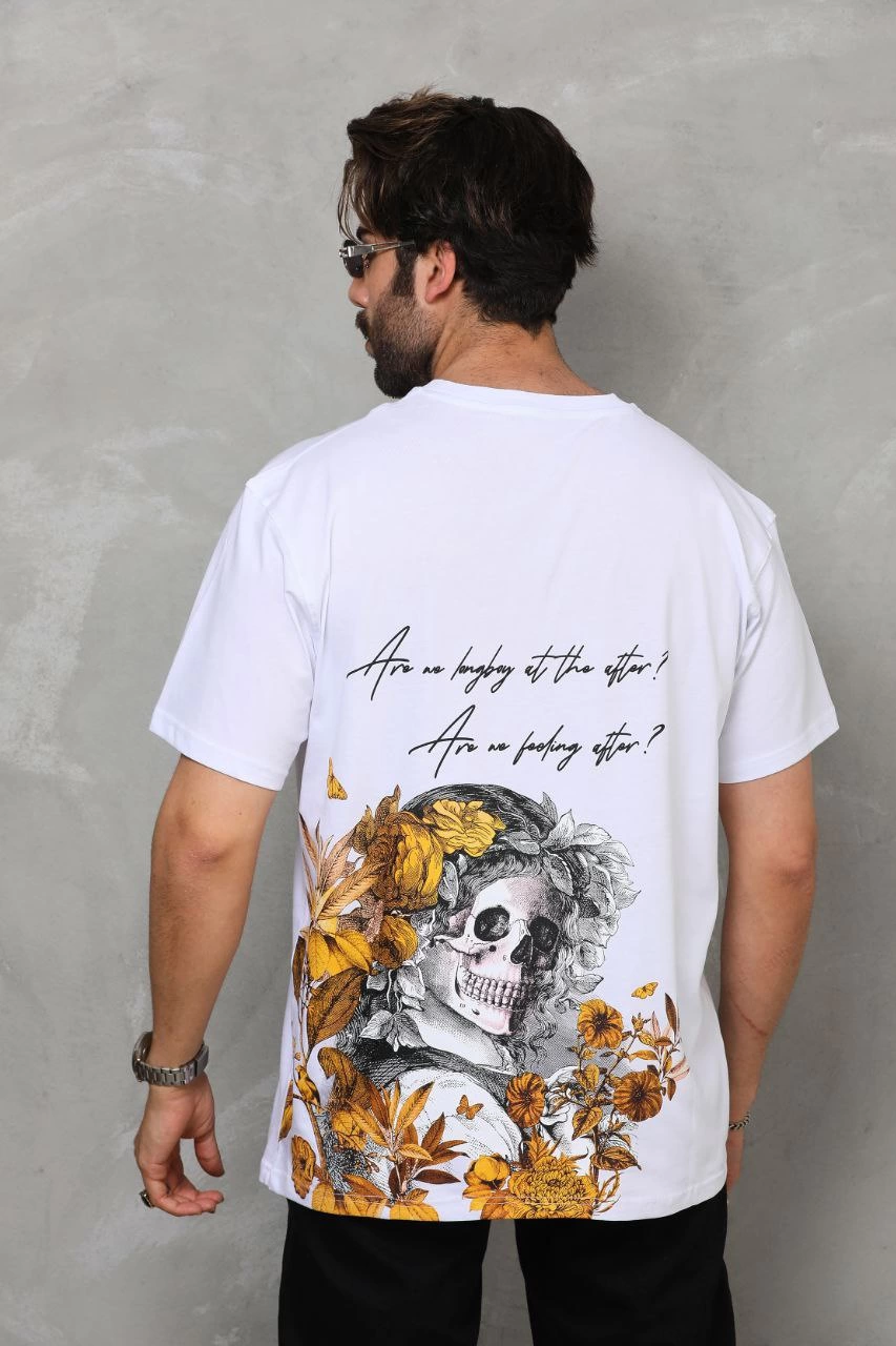 Erkek Bisiklet Yaka Baskılı Oversize T-Shirt - Beyaz