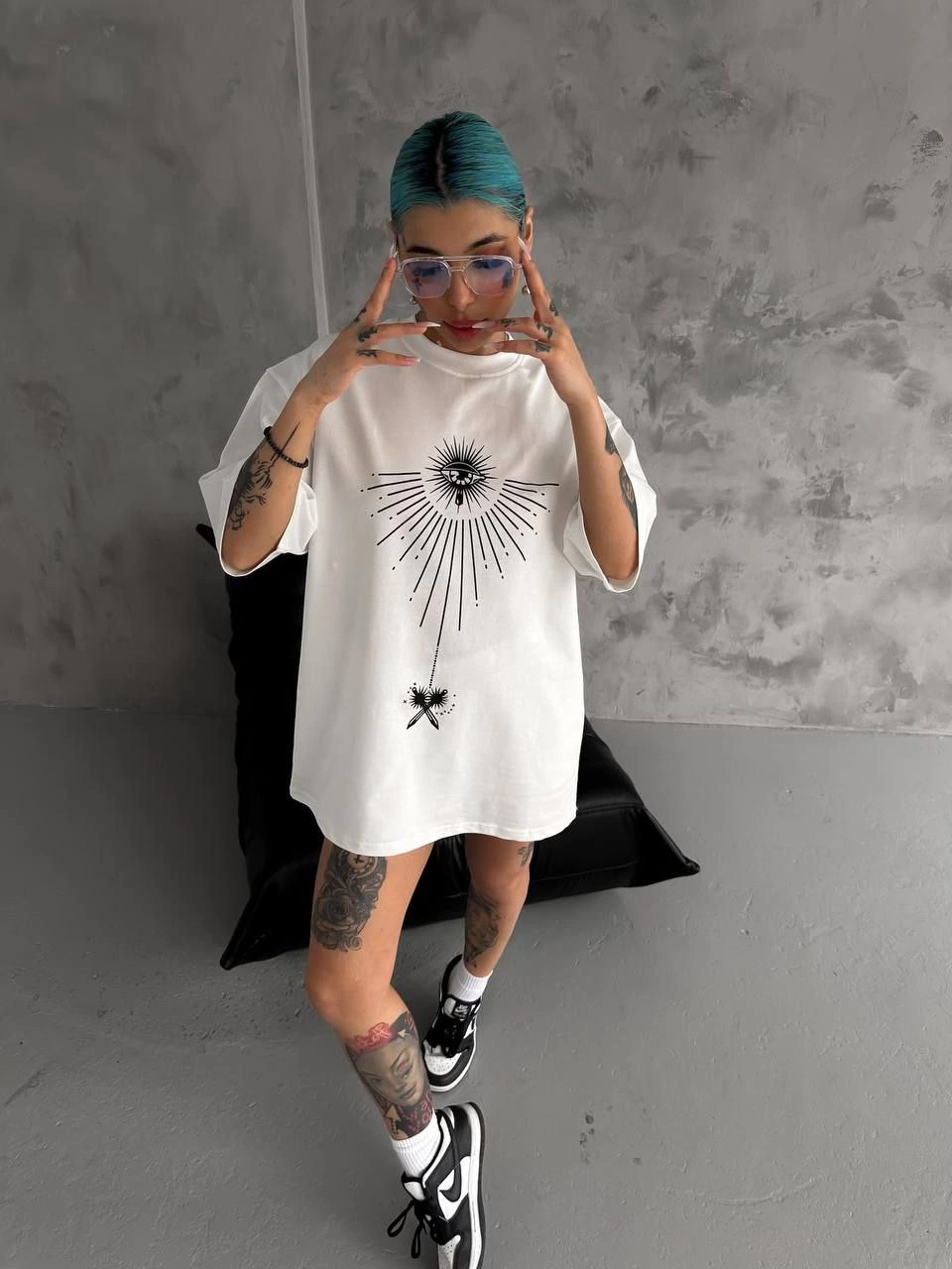 kadın Bisiklet Yaka Baskılı Oversize Kısa kol T-Shirt - Beyaz