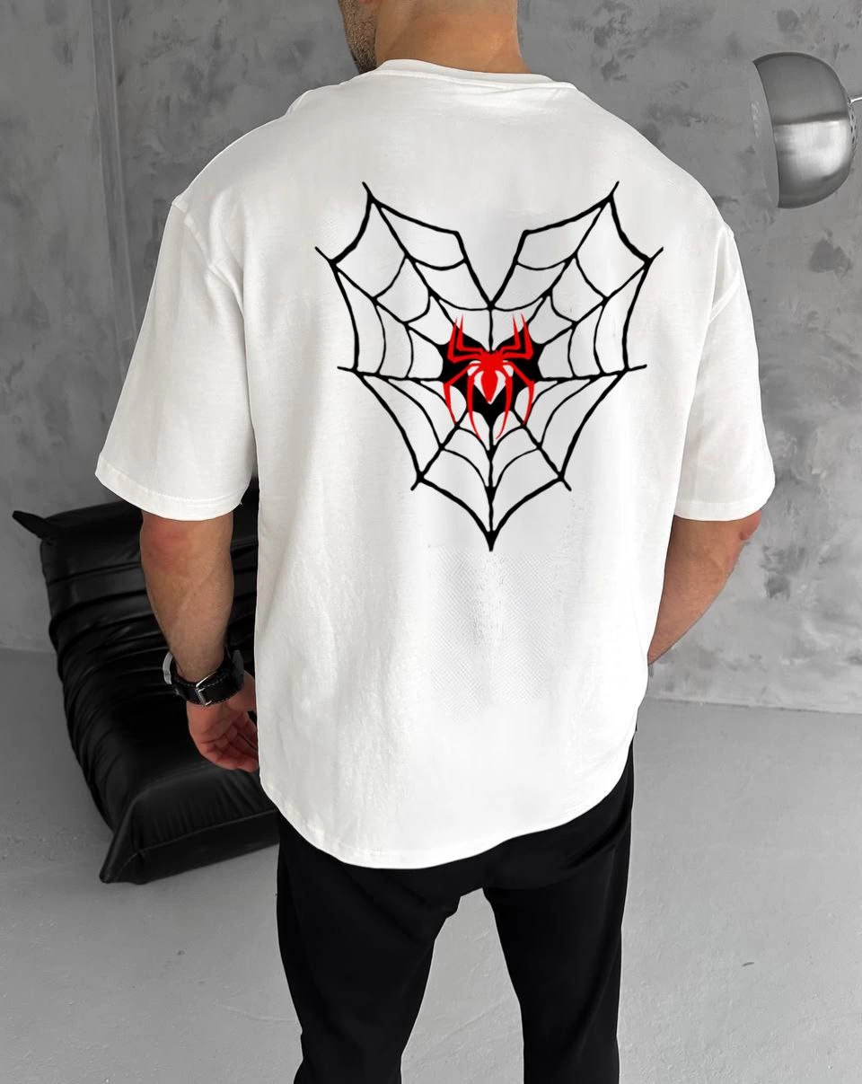 ERKEK Bisiklet Yaka Örümcek Baskılı Oversize T-Shirt - Beyaz