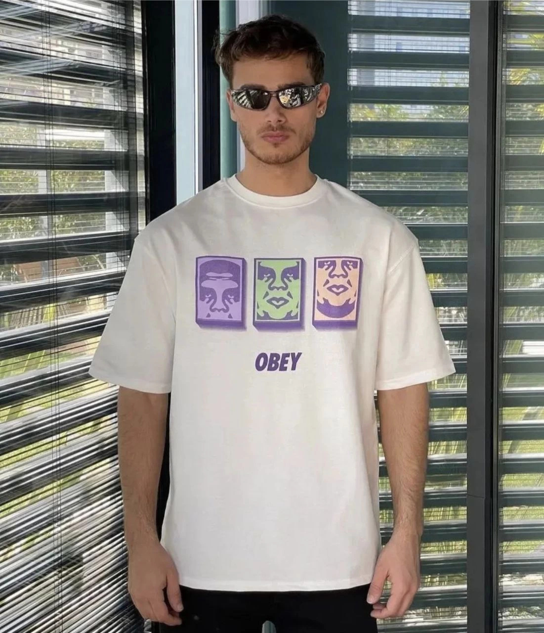 Erkek Bisiklet Yaka Baskılı Oversize Kısa kol T-Shirt - Beyaz
