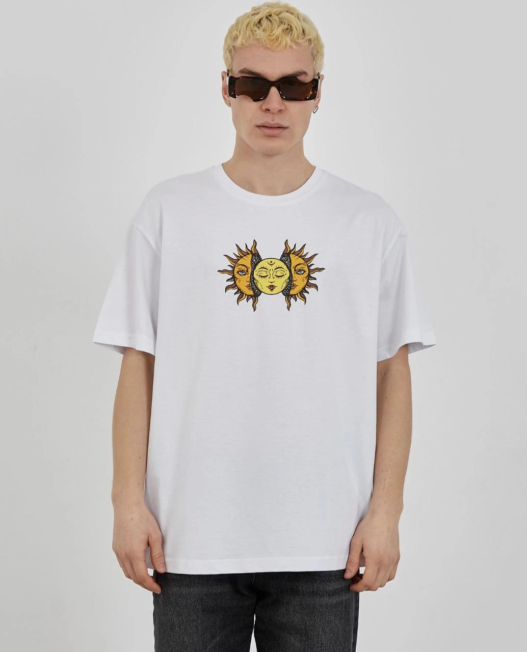 Erkek Bisiklet Yaka Baskılı Oversize T-Shirt - Beyaz