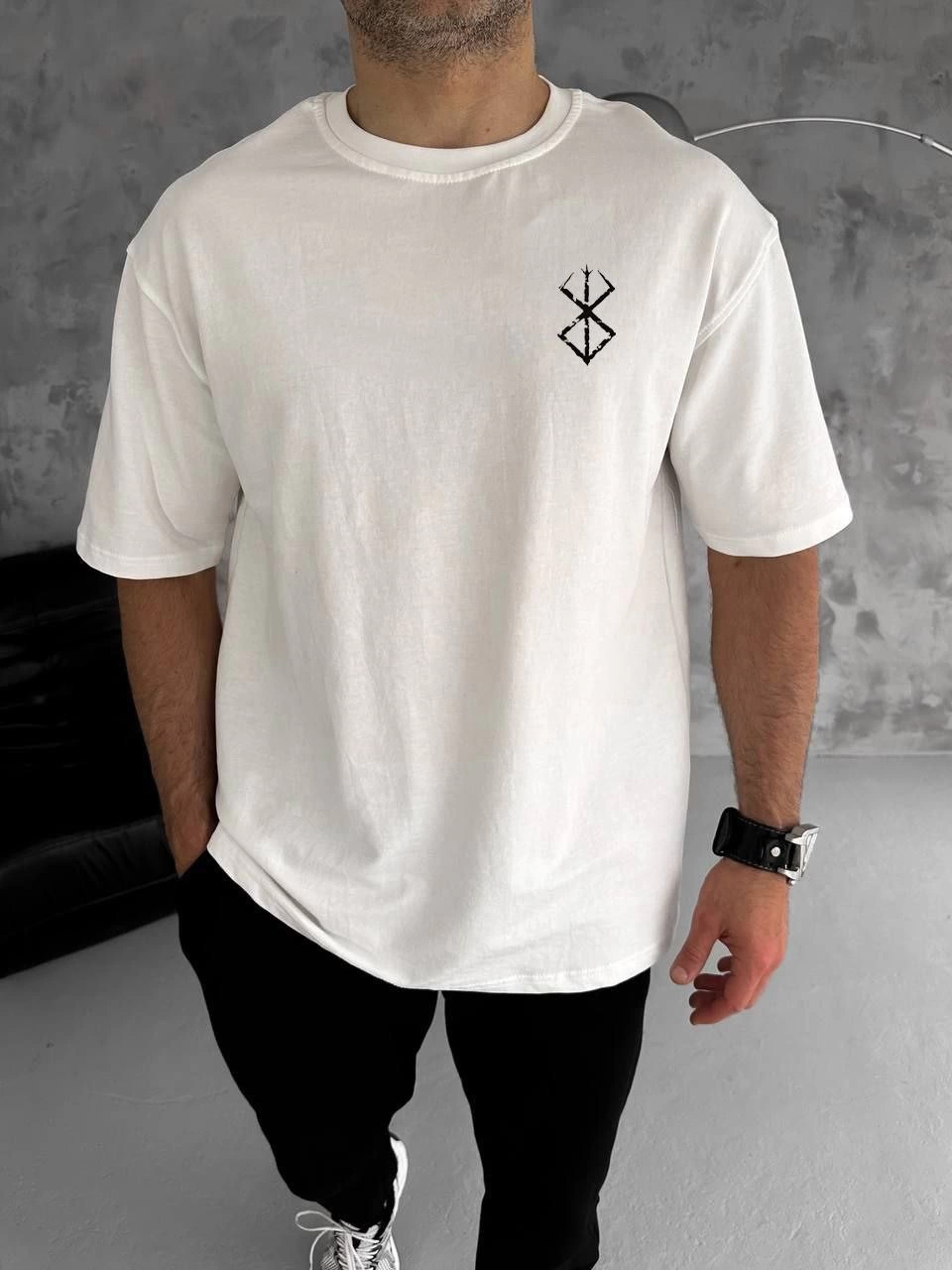 Erkek Bisiklet Yaka Baskılı Oversize T-Shirt - Beyaz