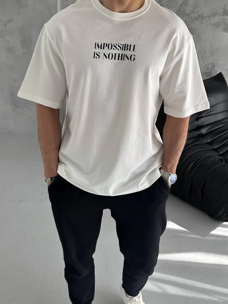 ERKEK Bisiklet Yaka Baskılı Oversize Kısa kol T-Shirt - Beyaz