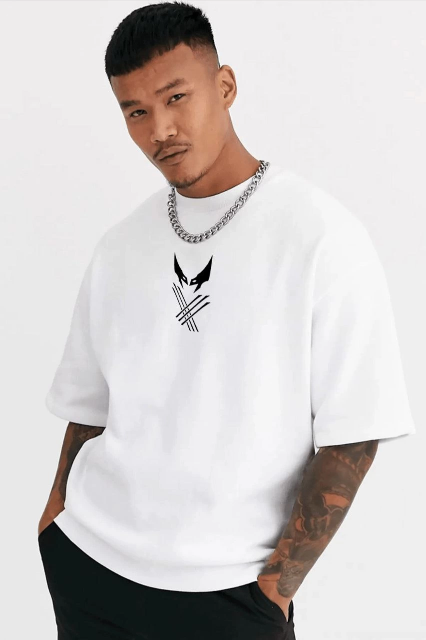 ERKEK Bisiklet Yaka Baskılı Oversize T-Shirt - Beyaz