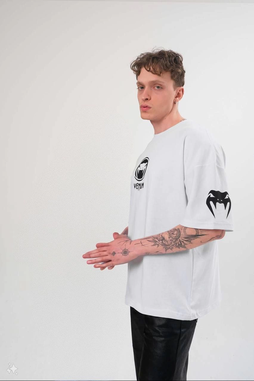 Erkek Bisiklet Yaka Baskılı Oversize Kısa kol T-Shirt - Beyaz