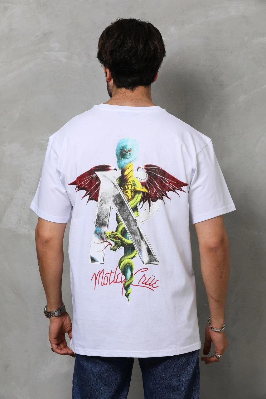 Erkek Baskılı T-Shirt Kısa Kol Bisiklet Yaka Regular Fit Rahat Kalıp Tişört - Beyaz