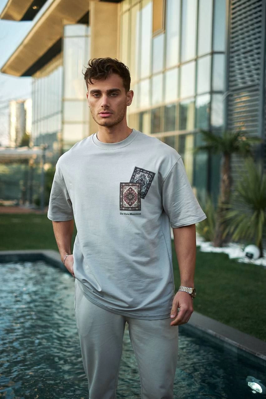 ERKEK Bisiklet Yaka kilim Baskılı Kısa kol Oversize T-Shirt - Boyalı Gri