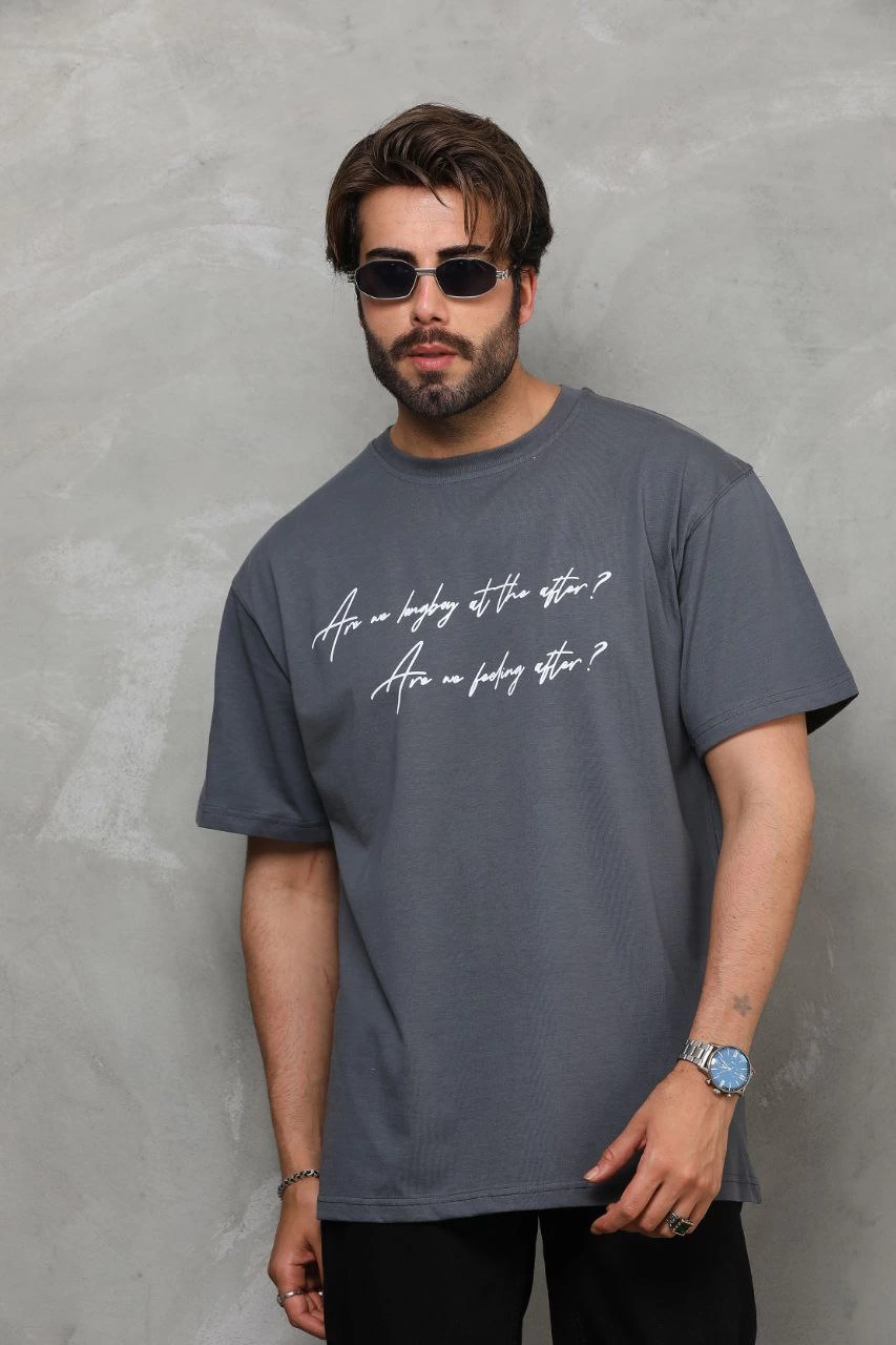 Erkek Bisiklet Yaka Baskılı Oversize T-Shirt - Füme