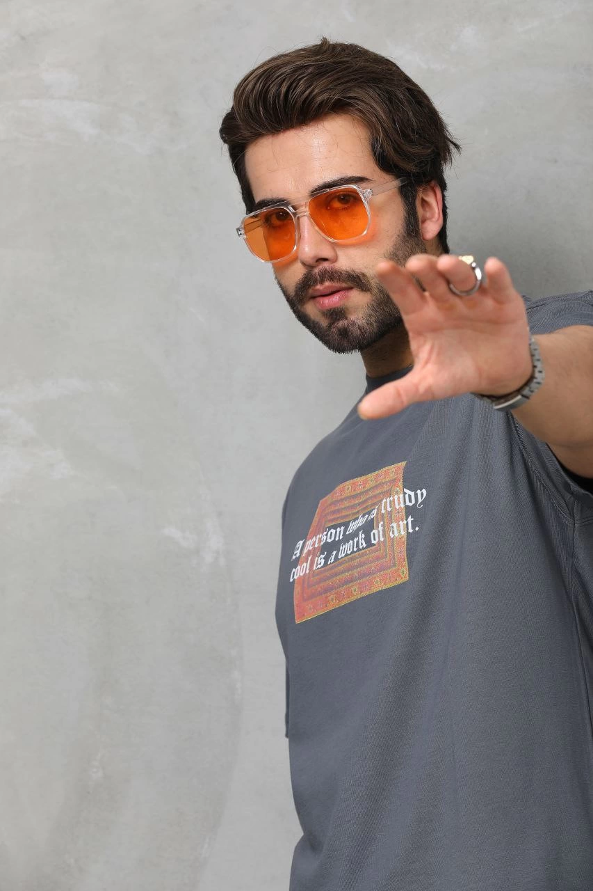 Erkek Baskılı T-Shirt Kısa Kol Bisiklet Yaka Regular Fit Rahat Kalıp Tişört - Füme