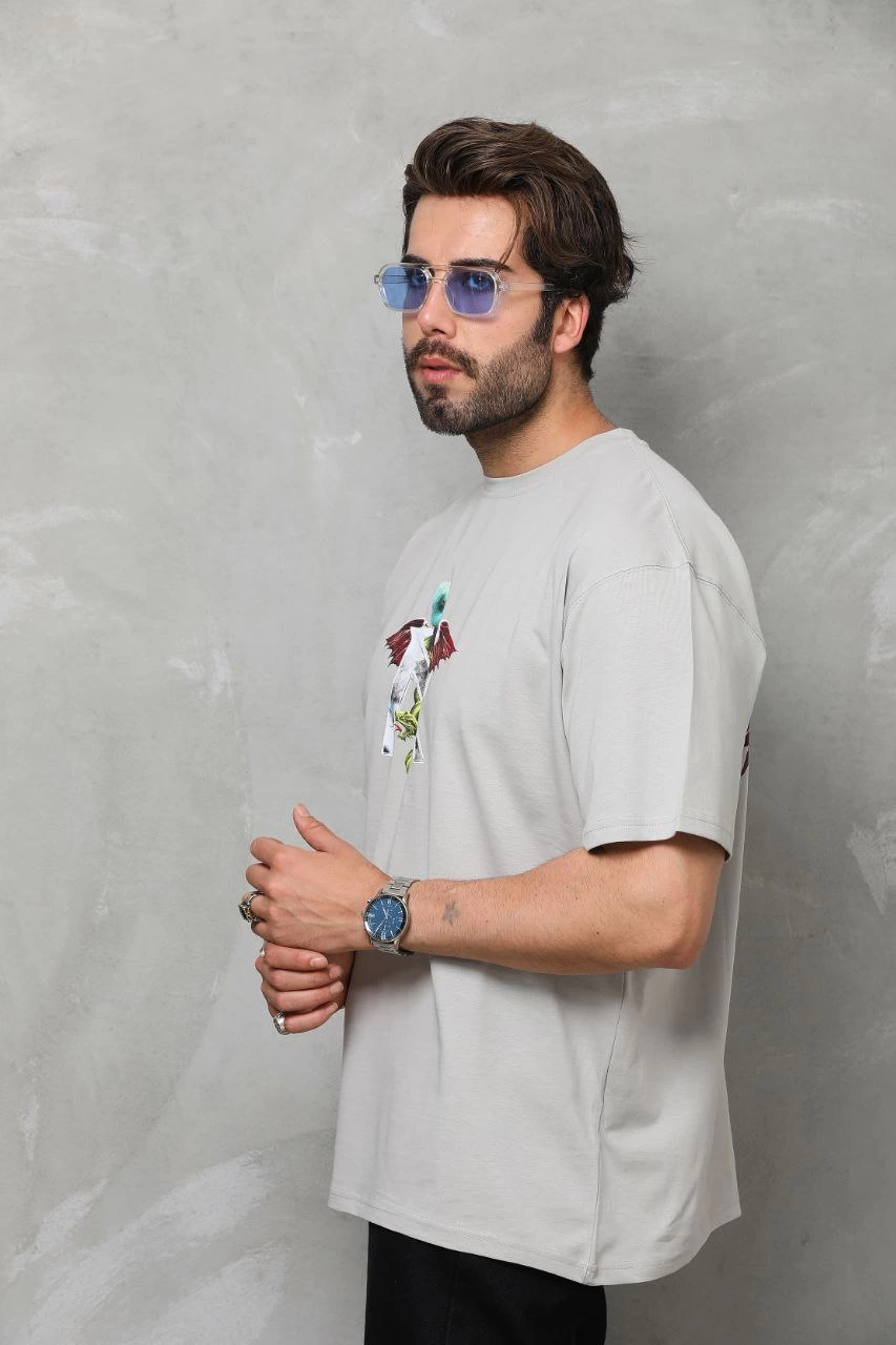 Erkek Baskılı T-Shirt Kısa Kol Bisiklet Yaka Regular Fit Rahat Kalıp Tişört - Gri