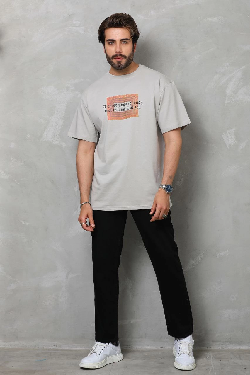 Erkek Baskılı T-Shirt Kısa Kol Bisiklet Yaka Regular Fit Rahat Kalıp Tişört - Gri