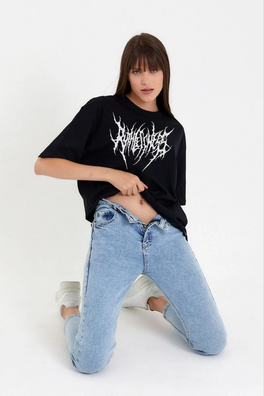 Kadın Baskılı T-Shirt Kısa Kol Bisiklet Yaka Oversize Rahat Kalıp Günlük Tişört - Siyah