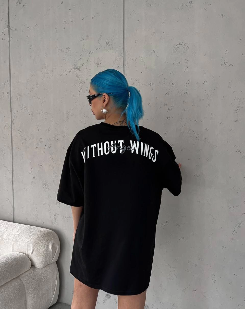 kadın Bisiklet Yaka Baskılı Oversize T-Shirt - Siyah