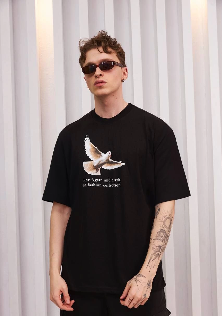 ERKEK Bisiklet Yaka Baskılı Kısa kol Oversize T-Shirt - Siyah