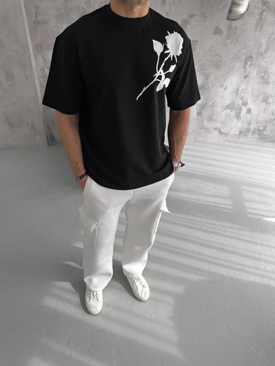 ERKEK Bisiklet Yaka Baskılı Oversize Kısa kol T-Shirt - Siyah