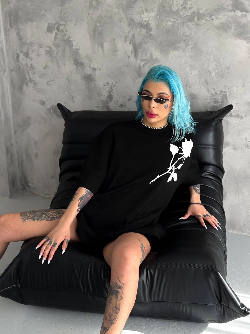 kadın Bisiklet Yaka Baskılı Oversize Kısa kol T-Shirt - Siyah