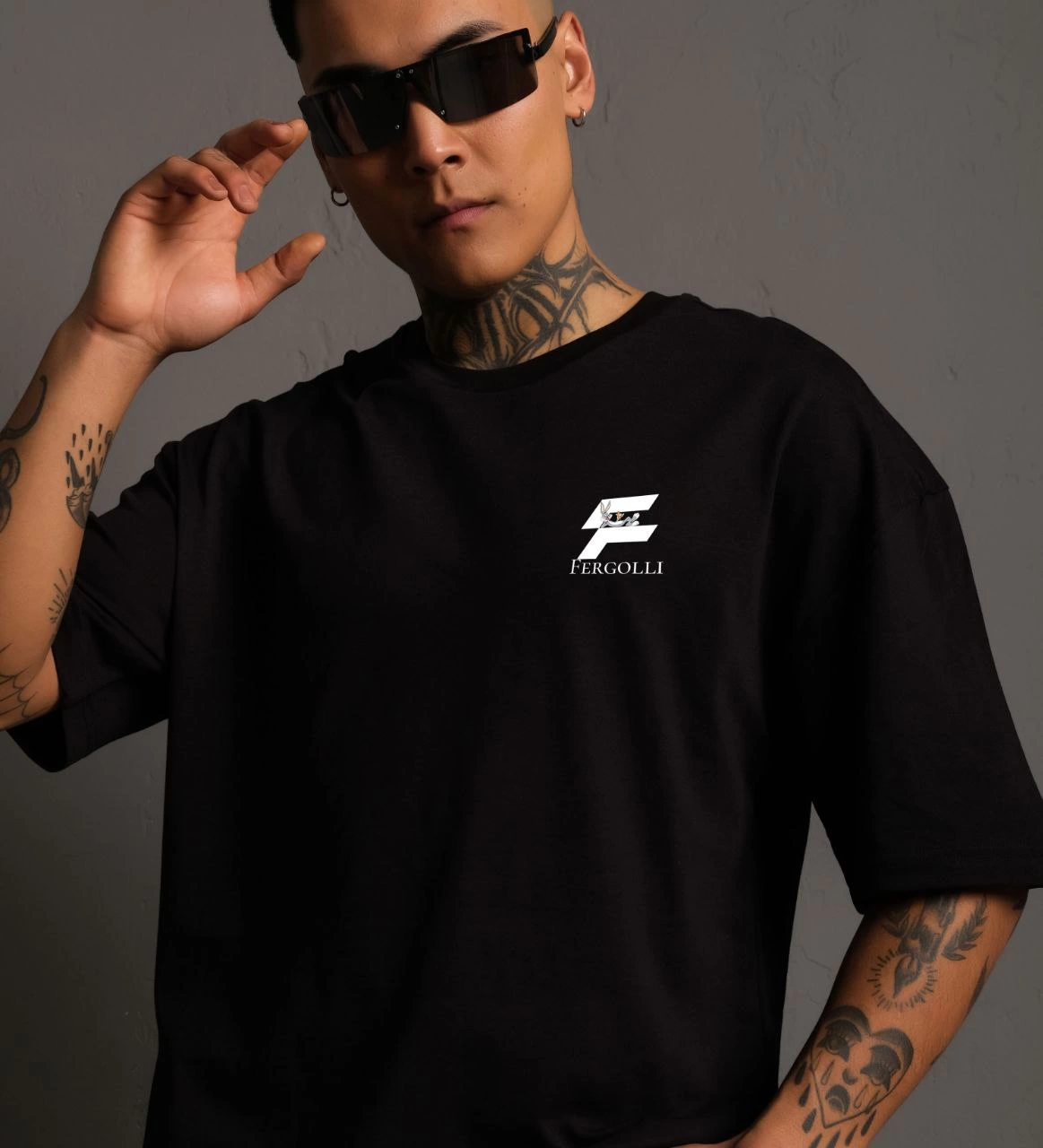 Erkek Bisiklet Yaka Baskılı Oversize T-Shirt - Siyah